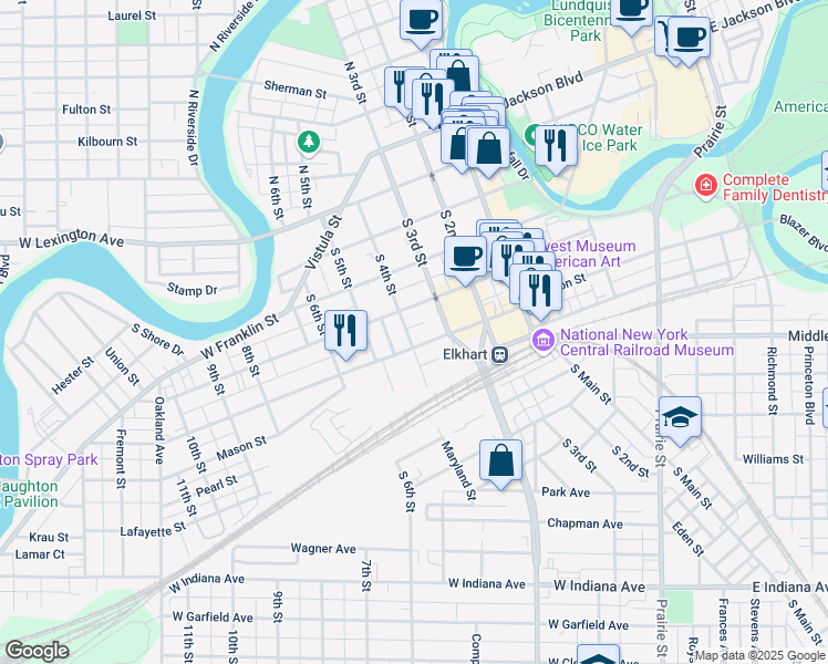 map of restaurants, bars, coffee shops, grocery stores, and more near 300-328 West Marion Street in Elkhart