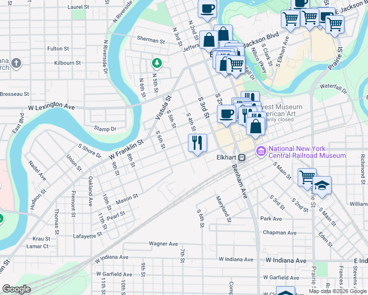 map of restaurants, bars, coffee shops, grocery stores, and more near 416 South 5th Street in Elkhart