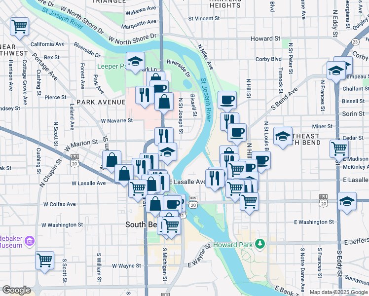 map of restaurants, bars, coffee shops, grocery stores, and more near 203 East Marion Street in South Bend