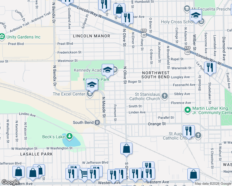 map of restaurants, bars, coffee shops, grocery stores, and more near 2421 Bertrand Street in South Bend