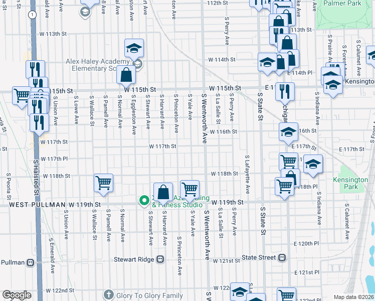 map of restaurants, bars, coffee shops, grocery stores, and more near 11649 South Yale Avenue in Chicago