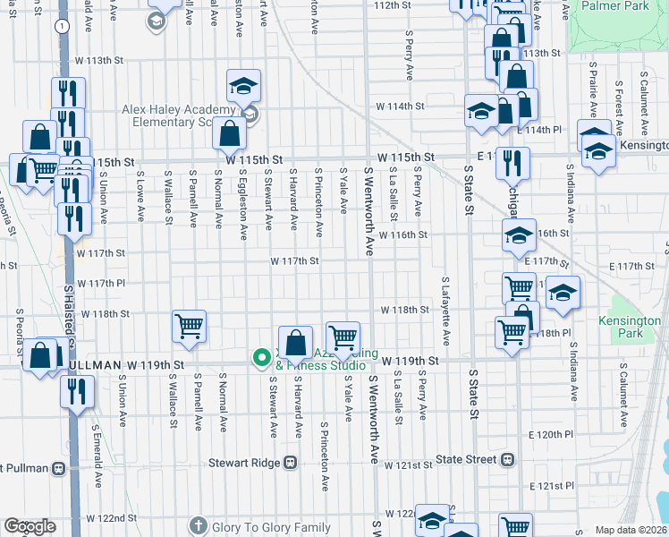 map of restaurants, bars, coffee shops, grocery stores, and more near 11644 South Princeton Avenue in Chicago