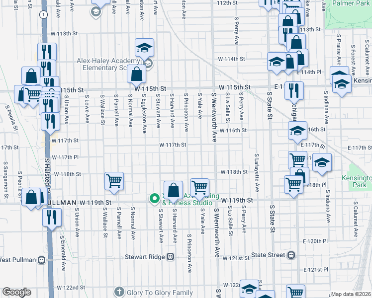map of restaurants, bars, coffee shops, grocery stores, and more near 11644 South Princeton Avenue in Chicago