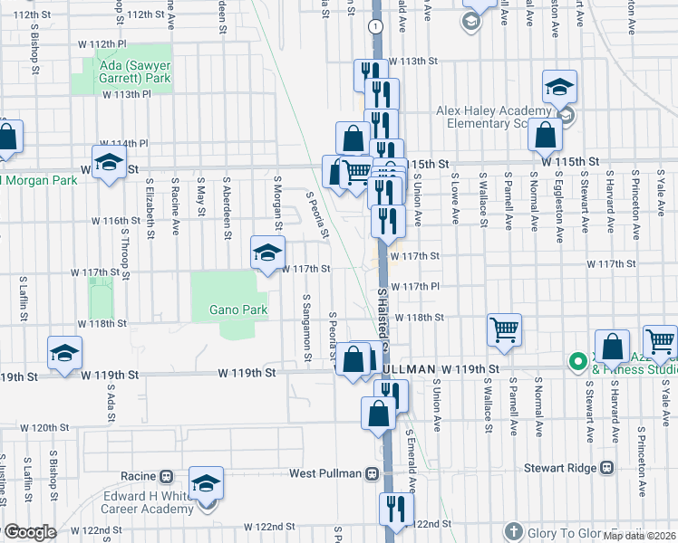 map of restaurants, bars, coffee shops, grocery stores, and more near 830 West 117th Place in Chicago