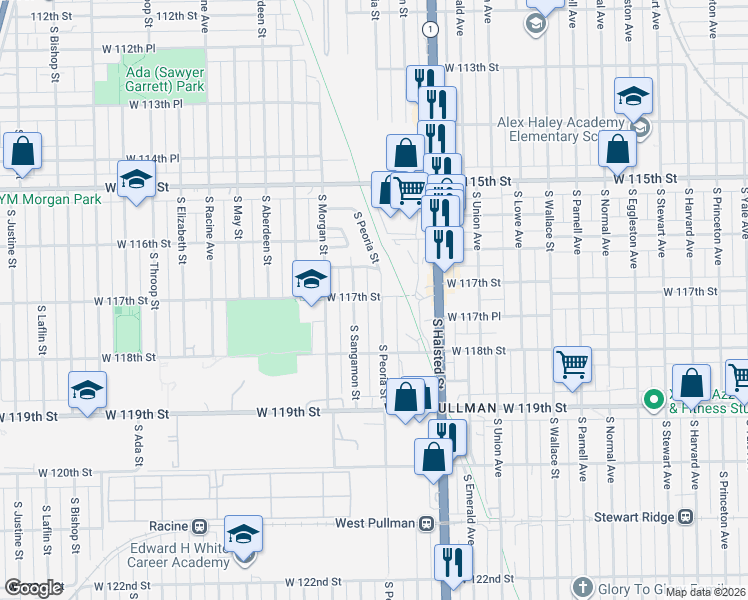 map of restaurants, bars, coffee shops, grocery stores, and more near 11642 South Peoria Street in Chicago