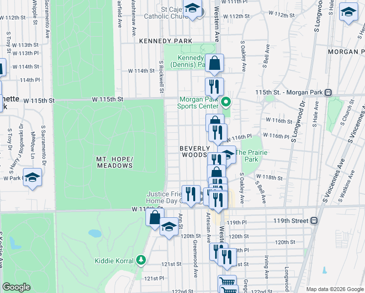 map of restaurants, bars, coffee shops, grocery stores, and more near 11621 South Maplewood Avenue in Chicago