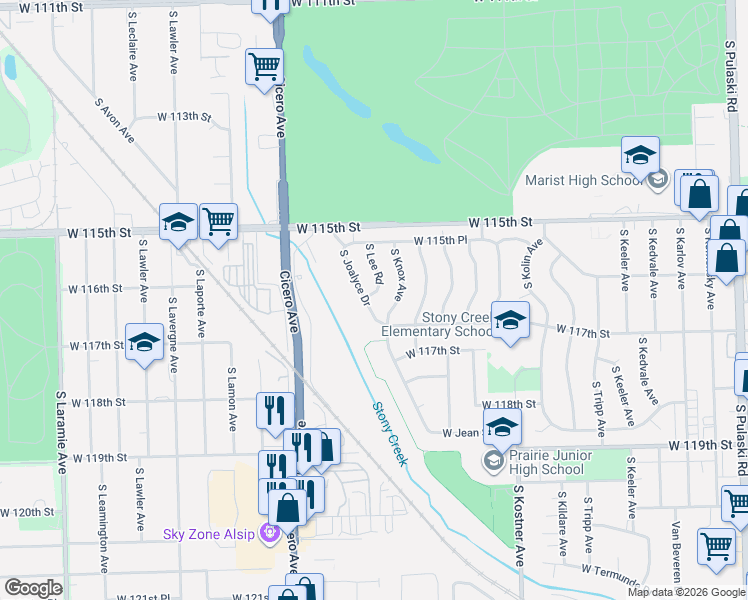 map of restaurants, bars, coffee shops, grocery stores, and more near 11559 South Lee Road in Alsip