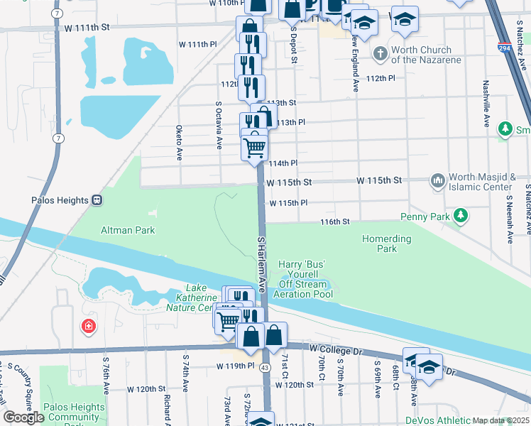 map of restaurants, bars, coffee shops, grocery stores, and more near 7138 West 115th Place in Worth