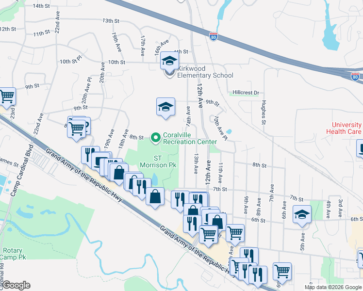 map of restaurants, bars, coffee shops, grocery stores, and more near in Coralville