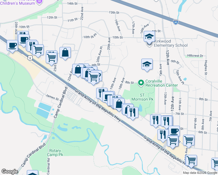map of restaurants, bars, coffee shops, grocery stores, and more near 729 20th Avenue in Coralville