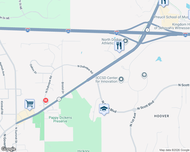 map of restaurants, bars, coffee shops, grocery stores, and more near 1901 North Dodge Street in Iowa City