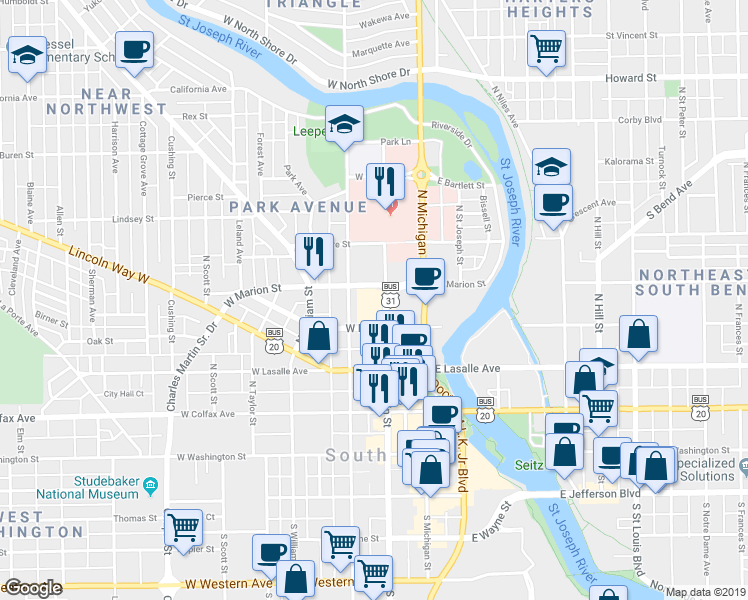 map of restaurants, bars, coffee shops, grocery stores, and more near 427 North Main Street in South Bend