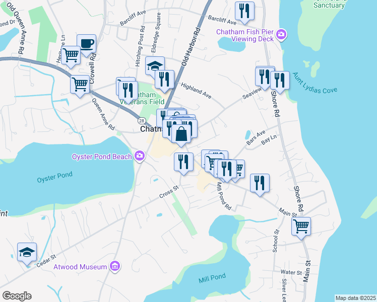 map of restaurants, bars, coffee shops, grocery stores, and more near 564 Main Street in Chatham