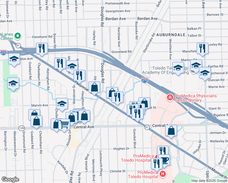 map of restaurants, bars, coffee shops, grocery stores, and more near 3329 Anderson Parkway in Toledo