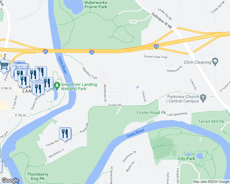 map of restaurants, bars, coffee shops, grocery stores, and more near 738 Mission Point Road in Iowa City