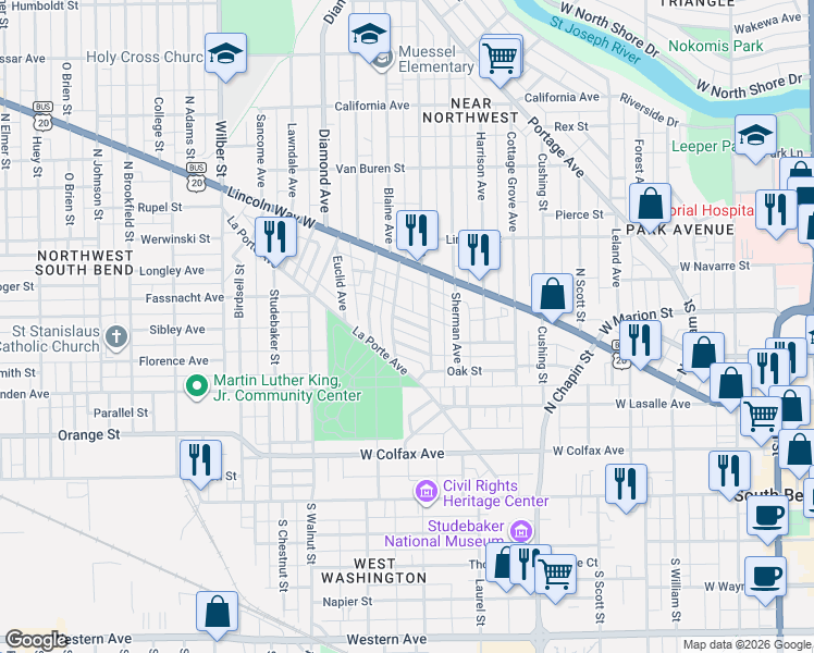 map of restaurants, bars, coffee shops, grocery stores, and more near 521 Allen Street in South Bend
