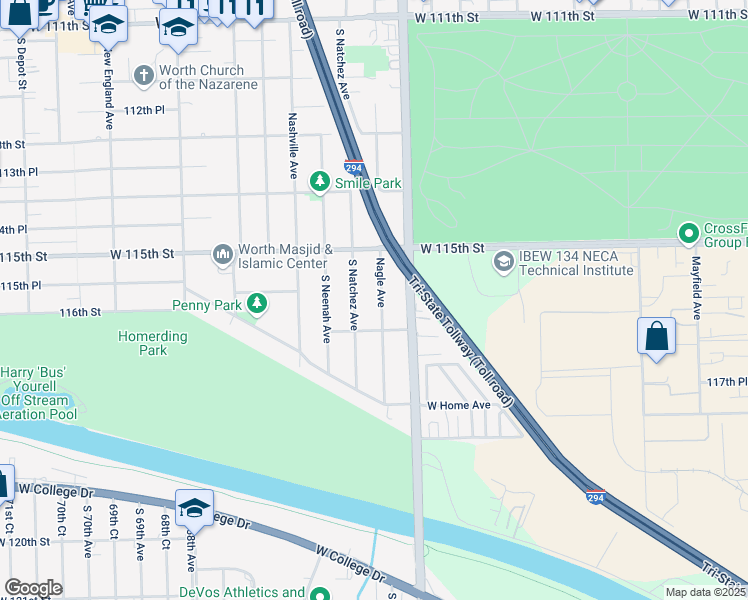 map of restaurants, bars, coffee shops, grocery stores, and more near 11524 Nagle Avenue in Worth