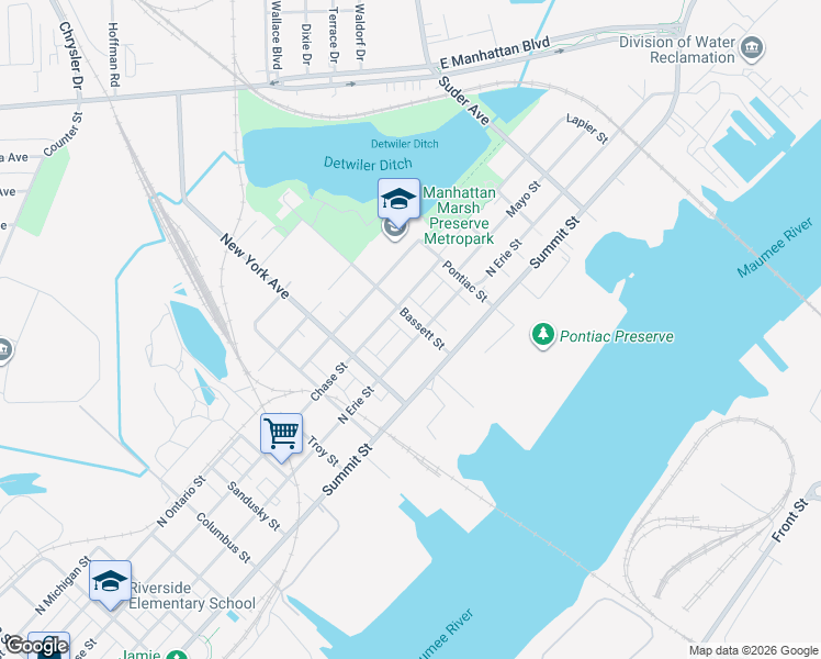 map of restaurants, bars, coffee shops, grocery stores, and more near 409 Bassett Street in Toledo