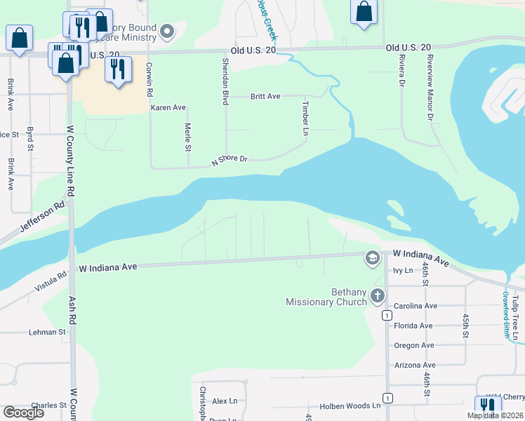 map of restaurants, bars, coffee shops, grocery stores, and more near 56000 Neely Court in Elkhart