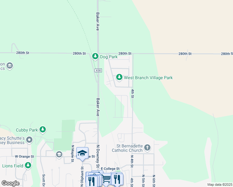 map of restaurants, bars, coffee shops, grocery stores, and more near 115 Washington Boulevard in West Branch
