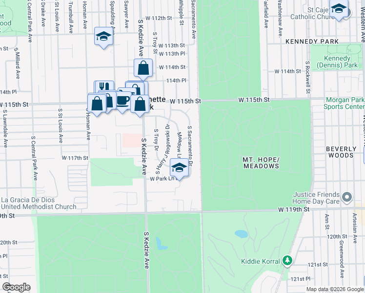 map of restaurants, bars, coffee shops, grocery stores, and more near 11616 Meadow Lane in Merrionette Park