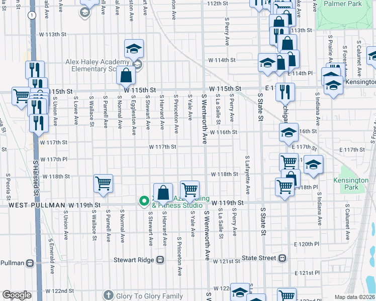 map of restaurants, bars, coffee shops, grocery stores, and more near 11649 South Yale Avenue in Chicago