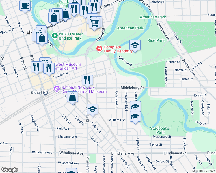 map of restaurants, bars, coffee shops, grocery stores, and more near 500 Middlebury Street in Elkhart