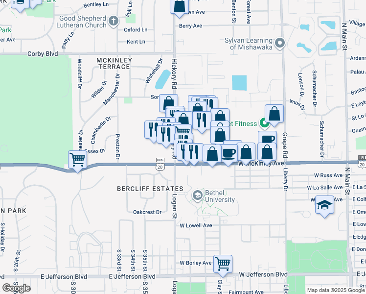 map of restaurants, bars, coffee shops, grocery stores, and more near 2350 Hickory Road in Mishawaka