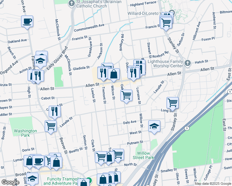 map of restaurants, bars, coffee shops, grocery stores, and more near 181 Wilcox Street in New Britain