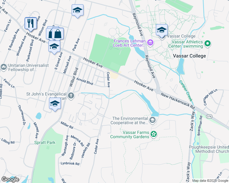 map of restaurants, bars, coffee shops, grocery stores, and more near 5 Austin Court in Poughkeepsie