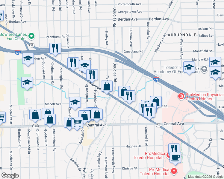 map of restaurants, bars, coffee shops, grocery stores, and more near 3349 Douglas Road in Toledo