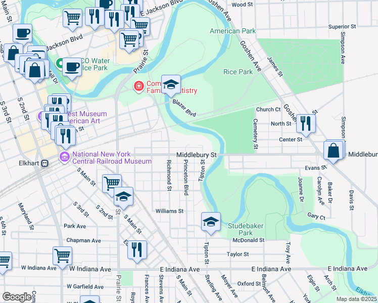 map of restaurants, bars, coffee shops, grocery stores, and more near 718 Middlebury Street in Elkhart