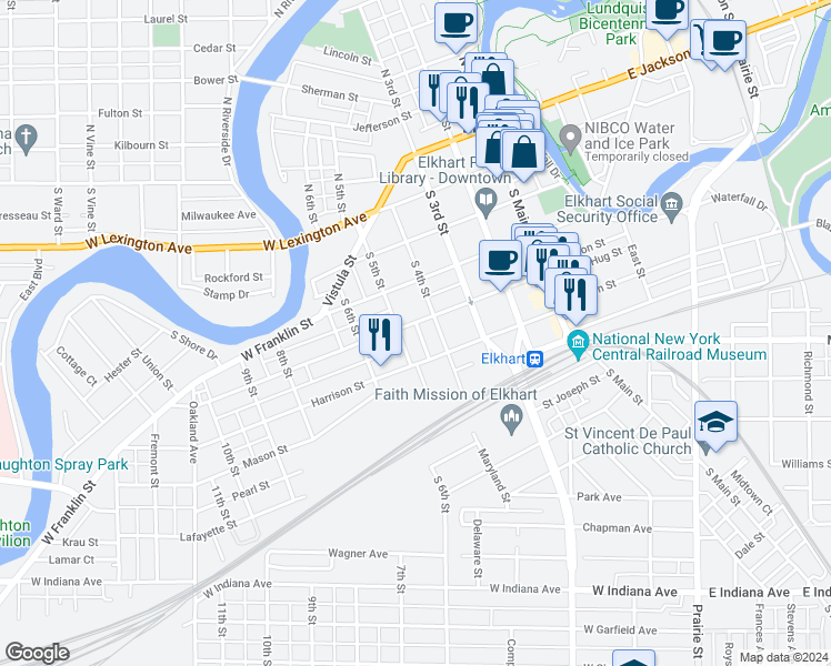 map of restaurants, bars, coffee shops, grocery stores, and more near 416 South 5th Street in Elkhart