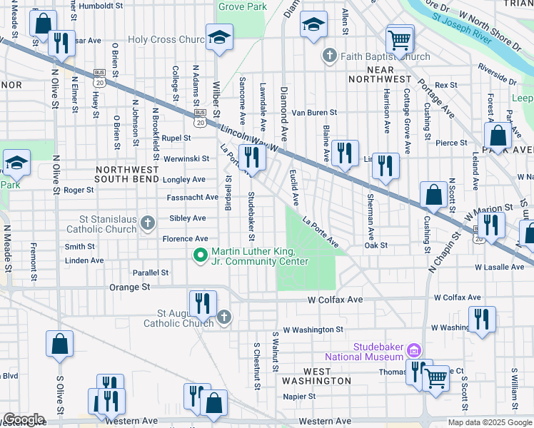 map of restaurants, bars, coffee shops, grocery stores, and more near 1324 Fassnacht Avenue in South Bend