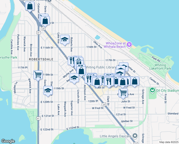 map of restaurants, bars, coffee shops, grocery stores, and more near 1728 Cleveland Avenue in Whiting