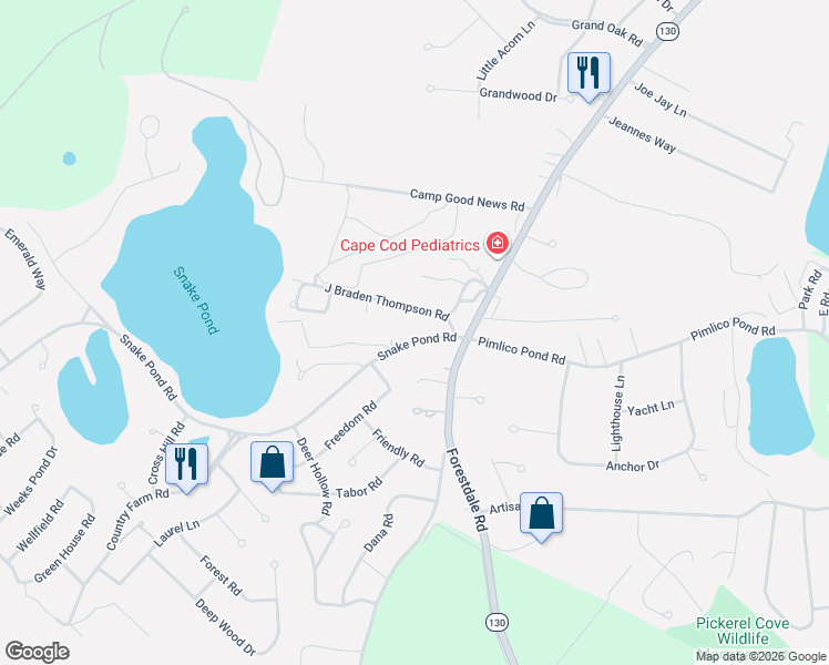 map of restaurants, bars, coffee shops, grocery stores, and more near 12 Snake Pond Road in Sandwich