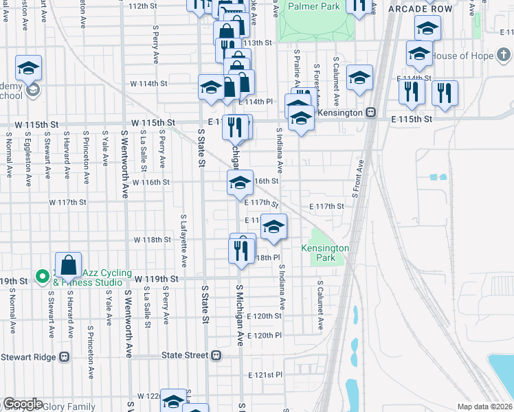 map of restaurants, bars, coffee shops, grocery stores, and more near 120 East 117th Street in Chicago