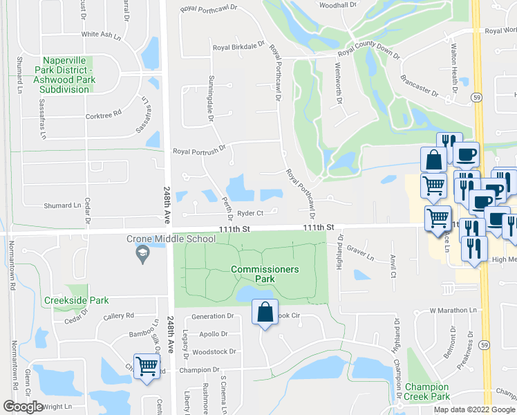 map of restaurants, bars, coffee shops, grocery stores, and more near 3727 Ryder Court in Naperville
