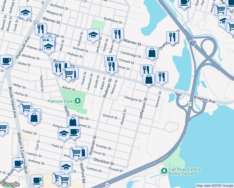 map of restaurants, bars, coffee shops, grocery stores, and more near 191 Nelson Street in Fall River