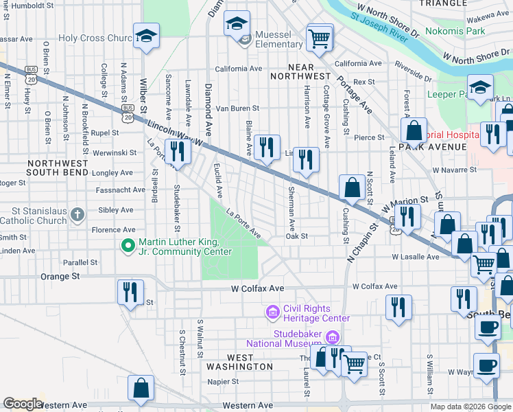map of restaurants, bars, coffee shops, grocery stores, and more near 521 Allen Street in South Bend