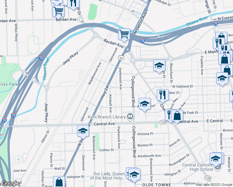 map of restaurants, bars, coffee shops, grocery stores, and more near 614 Cadillac Court in Toledo