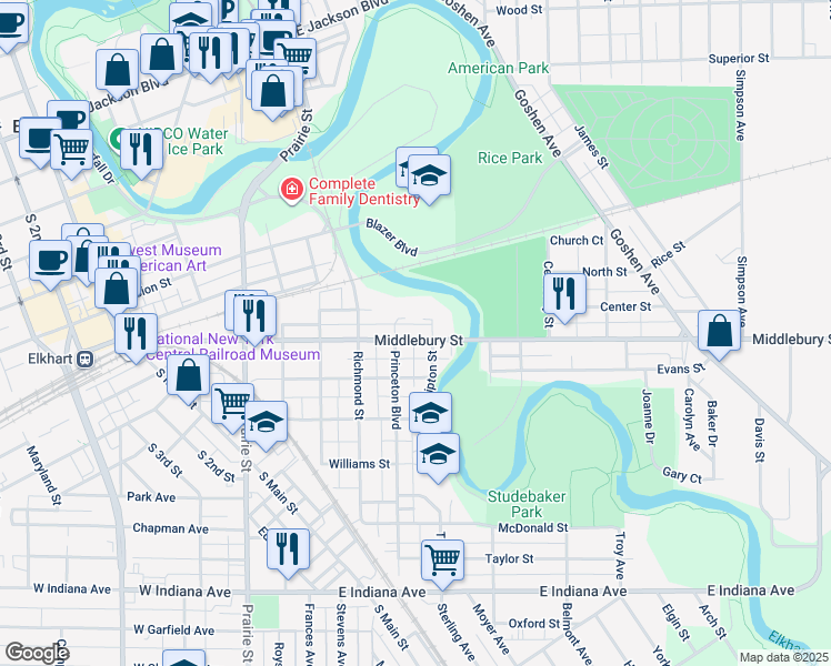 map of restaurants, bars, coffee shops, grocery stores, and more near 718 Middlebury Street in Elkhart