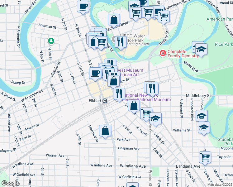 map of restaurants, bars, coffee shops, grocery stores, and more near 132 State Street in Elkhart
