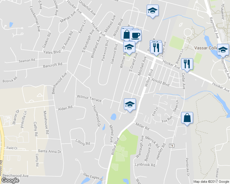 map of restaurants, bars, coffee shops, grocery stores, and more near 68 Whittier Boulevard in Poughkeepsie