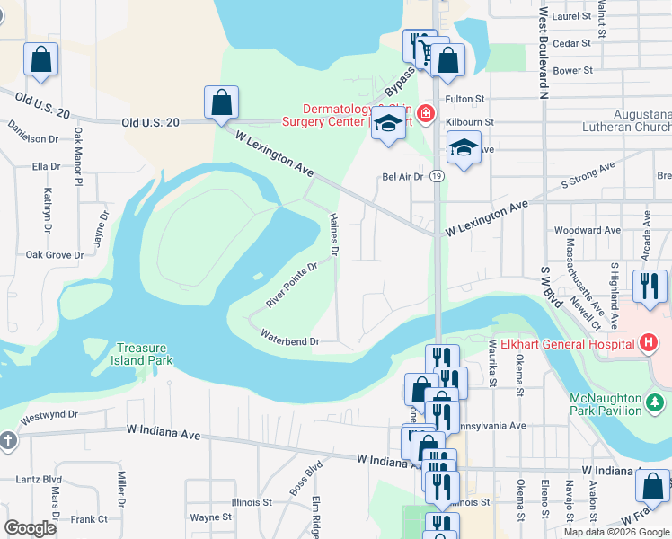 map of restaurants, bars, coffee shops, grocery stores, and more near 306 River Pointe Drive in Elkhart