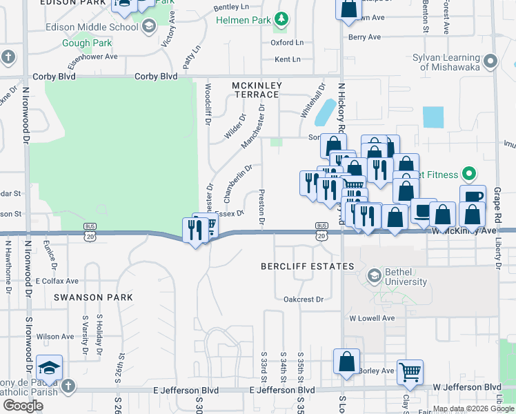 map of restaurants, bars, coffee shops, grocery stores, and more near 3236 Essex Drive in South Bend