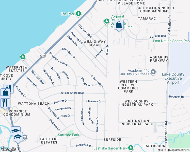 map of restaurants, bars, coffee shops, grocery stores, and more near 271 East Overlook Drive in Eastlake