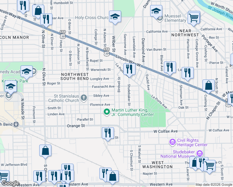 map of restaurants, bars, coffee shops, grocery stores, and more near 1602 Fassnacht Avenue in South Bend