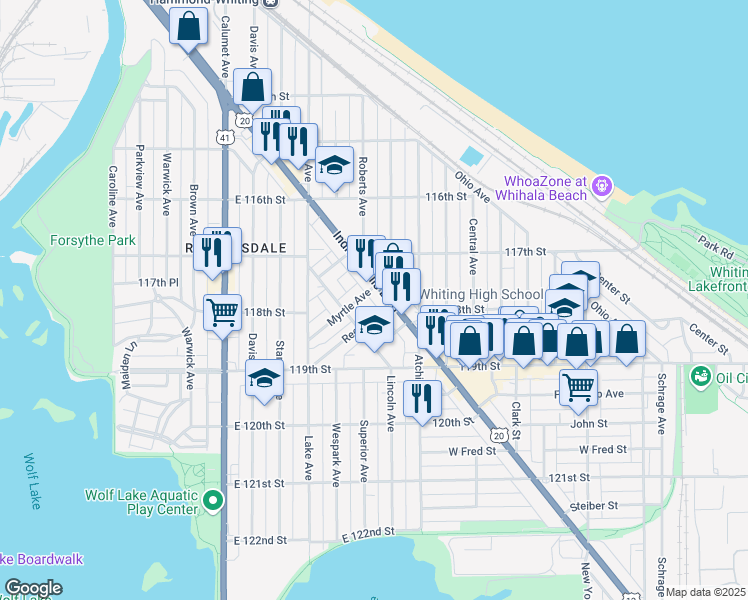 map of restaurants, bars, coffee shops, grocery stores, and more near 1728 U.S. 12 in Whiting