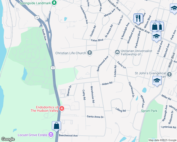 map of restaurants, bars, coffee shops, grocery stores, and more near 9 Hilltop Court in Poughkeepsie